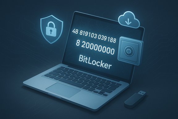 A laptop displays BitLocker encryption with security icons and a USB drive.