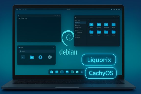 Neon blue Linux desktop on a laptop featuring Debian, Liquorix and CachyOS.