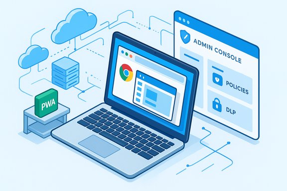 Cloud-based admin console with laptop, PWA module, and security policies.