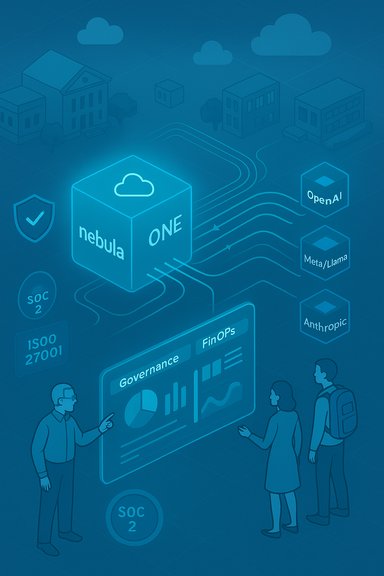 A blue infographic of Nebula ONE cloud cube connected to OpenAI, Meta/Llama, and governance dashboards.