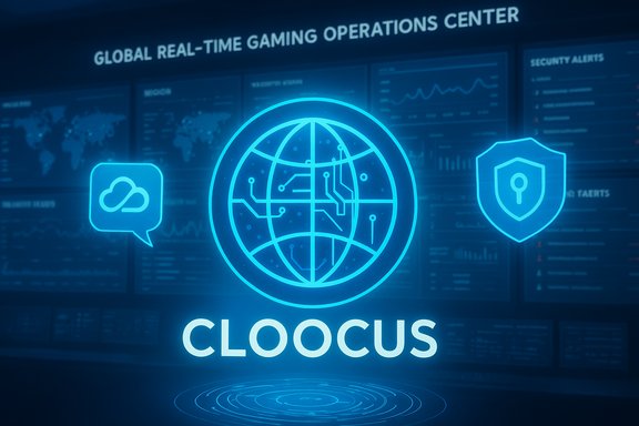 Neon blue holographic display for a global real-time gaming operations center with globe, chat, and shield icons.