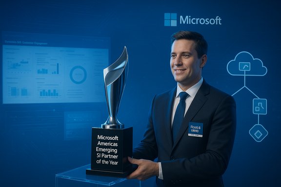 A man in a suit smiles while holding the Microsoft Americas Emerging SI Partner of the Year trophy.