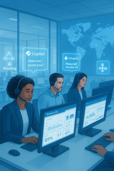 Blue-tinted call center with three agents at computers wearing headsets, Copilot chat bubbles visible.