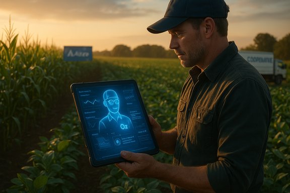 Farmer at sunset views a tablet showing a blue holographic profile in a cornfield.