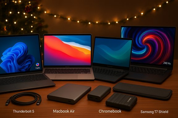 Row of laptops and accessories on a wooden desk with warm holiday lights in the background.