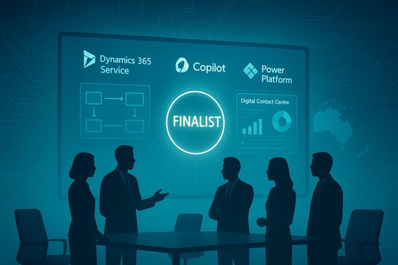 Silhouetted team presents a finalist slide featuring Dynamics 365, Copilot, and Power Platform logos.