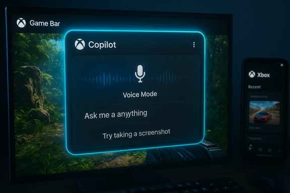 Xbox Copilot Voice Mode overlay on a PC screen with a forest wallpaper.