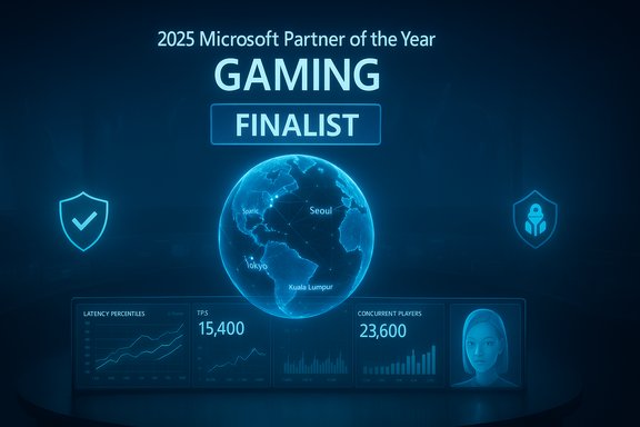 Futuristic award display: 2025 Microsoft Partner of the Year – Gaming Finalist with a glowing globe. Futuristic award display: 2025 Microsoft Partner of the Year – Gaming Finalist with a glowing globe.
