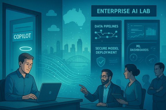 Team in an Enterprise AI Lab collaborates on data pipelines and secure model deployment. Team in an Enterprise AI Lab collaborates on data pipelines and secure model deployment.
