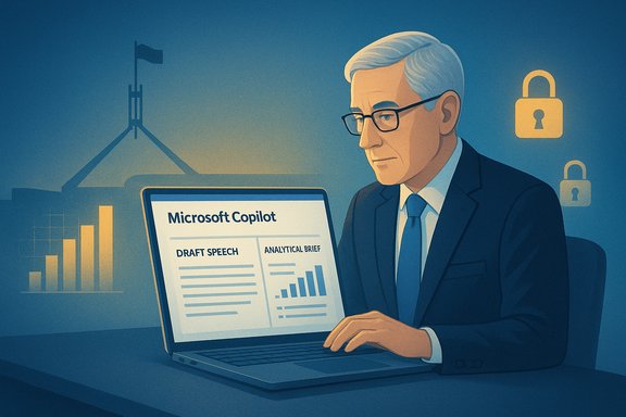 Senior businessman uses a laptop to view Microsoft Copilot draft speech and analytical brief.
