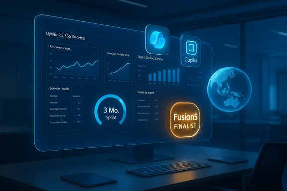 Futuristic holographic dashboard displaying analytics with a glowing Fusion5 finalist badge.
