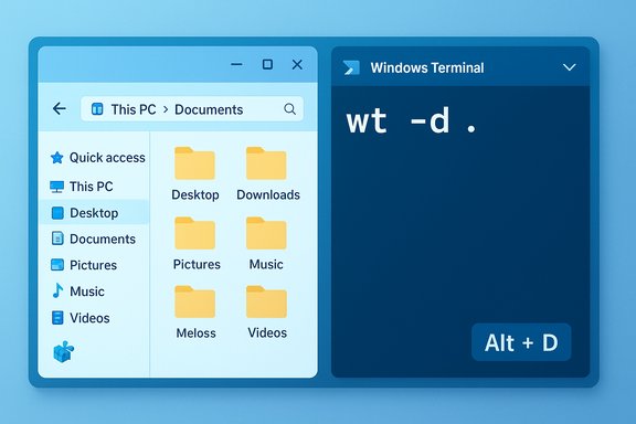 Blue split-screen UI: left shows File Explorer with folders, right displays Windows Terminal with 'wt -d .'.
