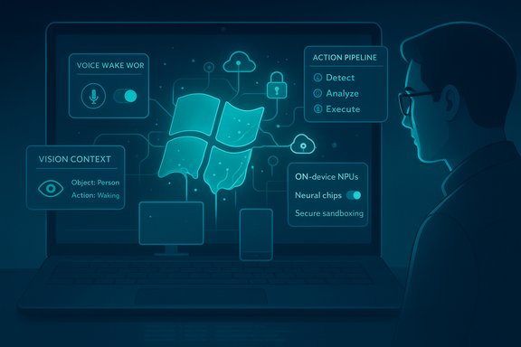A person studies a laptop screen displaying holographic AI panels for vision, voice, and on-device processing.