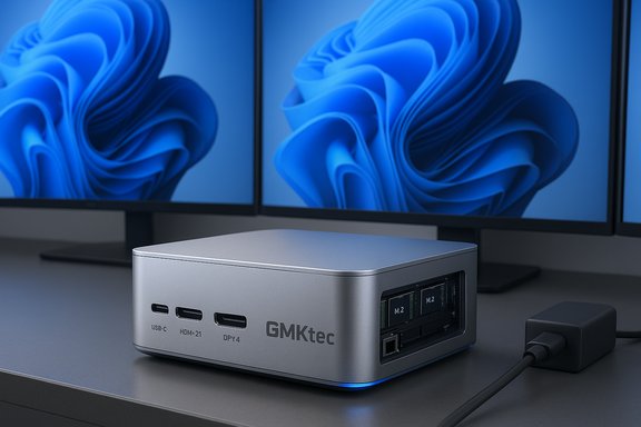 GMKtec mini PC with M.2 bays sits on a desk in front of a triple-monitor setup.