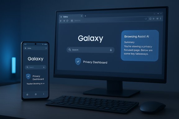 Galaxy branding on a desktop monitor and smartphone, showing Privacy Dashboard and Browsing Assist AI. Galaxy branding on a desktop monitor and smartphone, showing Privacy Dashboard and Browsing Assist AI.
