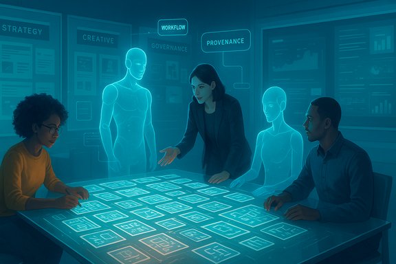A diverse team collaborates around a glowing holographic table with translucent AR figures and charts.