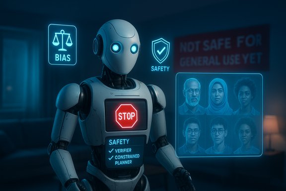 A futuristic humanoid robot displays safety checks and a portrait grid in a neon-lit lab.