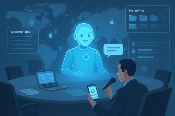 A business meeting around a round table with a holographic AI assistant, a presenter, and a person checking a phone.