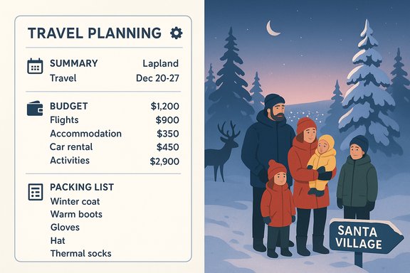 A winter family stands by a Santa Village sign as a travel-planning panel sits on the left.