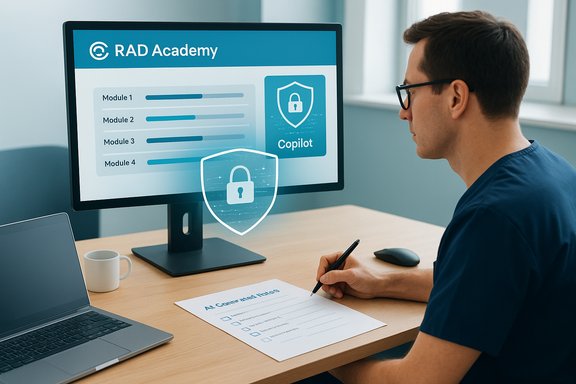 A man in scrubs studies RAD Academy’s online security training, checking module progress on his monitor.