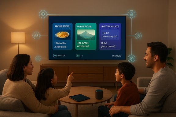 A family sits on the couch watching a large screen displaying a tri-panel smart TV UI with recipes and movies.