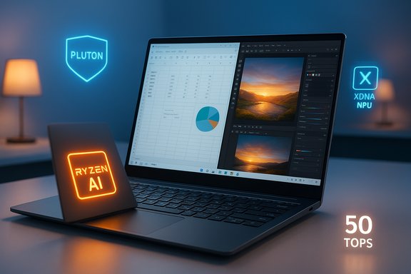 A futuristic laptop showing data charts and image editing, framed by glowing neon tech logos.