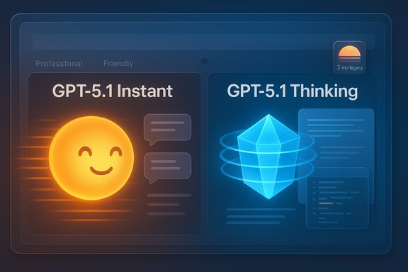 A futuristic split-screen UI showing GPT-5.1 Instant (orange sun) and GPT-5.1 Thinking (blue crystal). A futuristic split-screen UI showing GPT-5.1 Instant (orange sun) and GPT-5.1 Thinking (blue crystal).