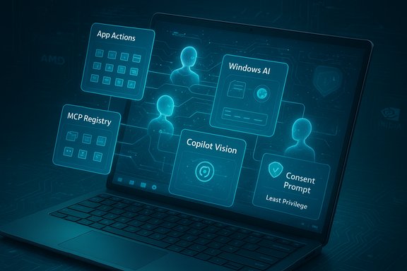 Futuristic laptop showing holographic UI tiles like Windows AI, Copilot Vision, and consent prompts.