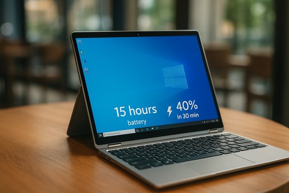 A 2-in-1 Windows laptop on a wooden table displaying 15 hours of battery and 40% in 30 min.