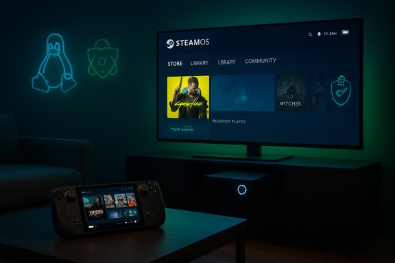 Living room gaming setup with a Steam Deck on the table and SteamOS on the TV.