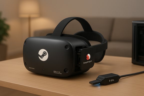 A black VR headset with a Snapdragon module sits on a wooden table.