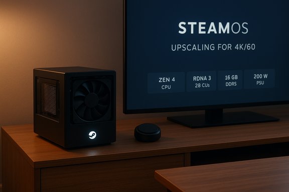A compact black PC with a front fan sits on a wooden desk beside a SteamOS monitor.