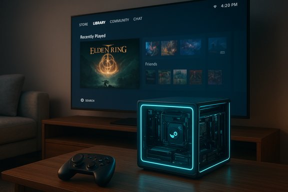 Neon-lit gaming PC on a coffee table with a controller, in front of a TV displaying Steam Library and Elden Ring.