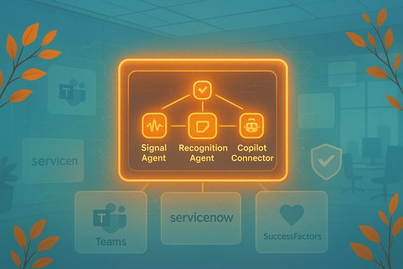 Neon orange flow diagram illustrating Signal Agent, Recognition Agent, and Copilot Connector.