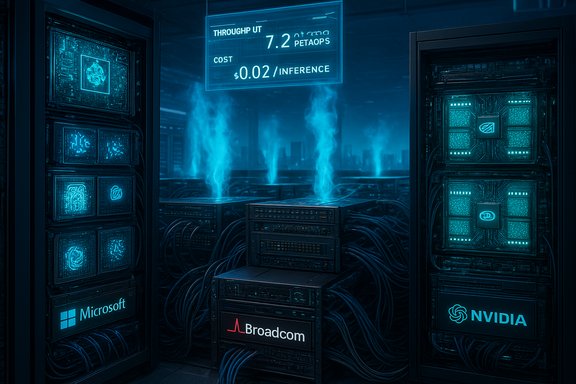 Blue-lit data center with racks, glowing Microsoft, Broadcom and NVIDIA logos, and a holographic throughput readout.
