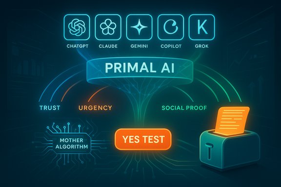 Neon diagram of Primal AI with ChatGPT, Claude, Gemini, Copilot, Grok icons guiding to YES TEST.