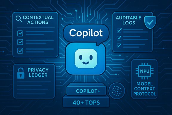 Copilot AI with central icon and modules: actions, logs, privacy ledger, and model protocol.