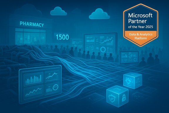 Futuristic pharmacy data analytics hub with cloud networks and a Microsoft Partner badge.