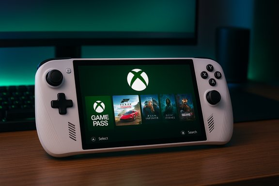 White handheld gaming console displaying the Xbox Game Pass library on its screen.
