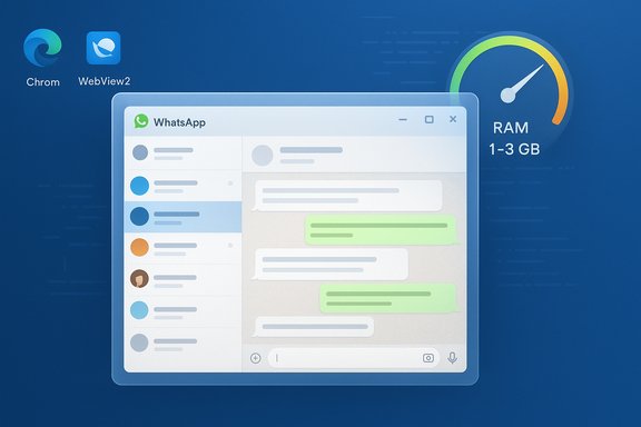 Whimsical desktop wallpaper featuring a WhatsApp chat window, Chrome/WebView2 icons, and a RAM gauge.