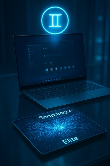 Blue-lit tech setup featuring a laptop, glowing II symbol, and Snapdragon Elite tablet.