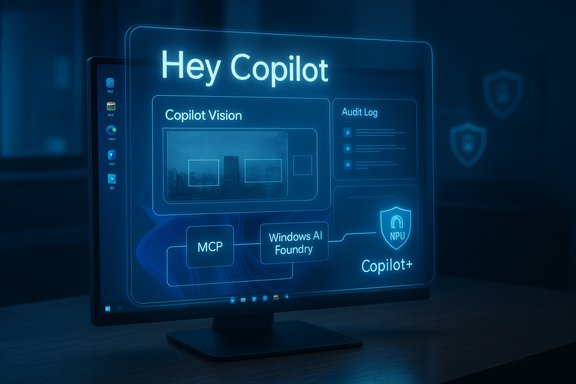 A neon-blue holographic dashboard on a monitor labeled “Hey Copilot,” showing Copilot Vision and Copilot+.