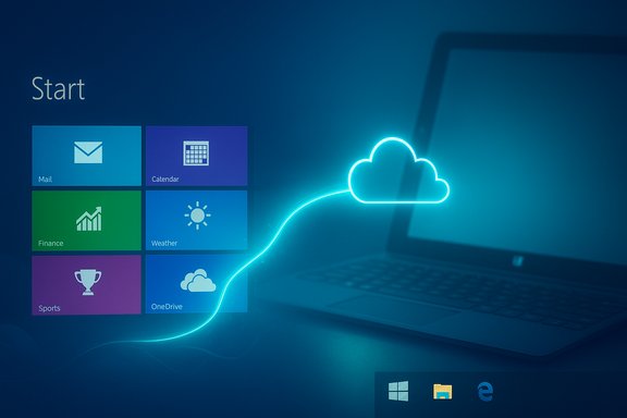 Windows Start screen with colorful tiles and a neon cloud syncing to a laptop.