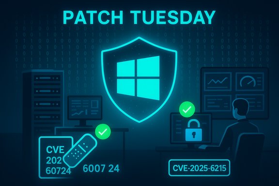 Patch Tuesday cyber security scene with a Windows shield, servers, and CVE alerts.