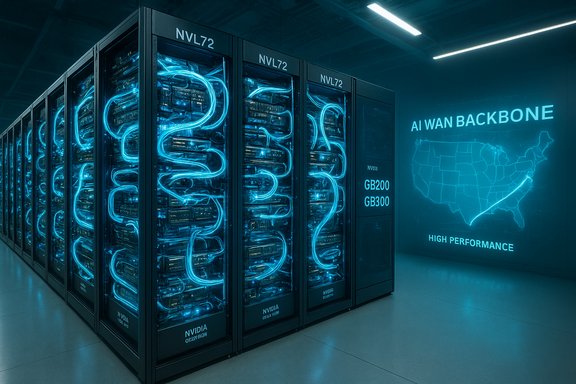 Blue neon-lit server racks labeled NVL72 line a data center, adjacent to a wall displaying AI WAN BACKBONE.