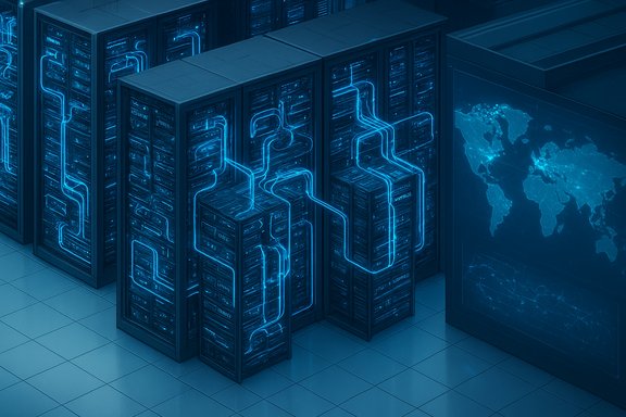 Blue-lit data center with stacked server racks and glowing circuit lines beside a world map.