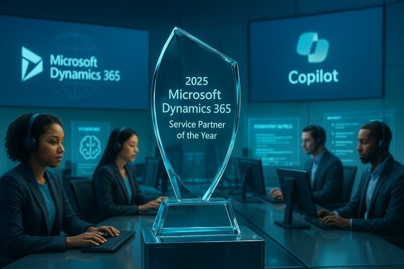 Blue-lit glass award for 2025 Microsoft Dynamics 365 Service Partner of the Year in a modern support center.