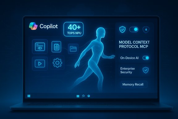 A neon blue laptop screen displays Copilot AI features with a running holographic figure.