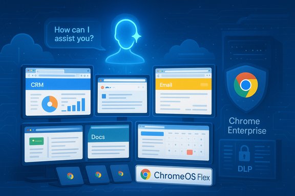 Blue tech illustration showing multiple windows (CRM, Email, Docs) and ChromeOS Flex branding.