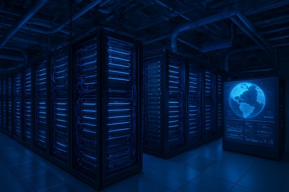 Blue-lit data center with rows of server racks and a globe display.